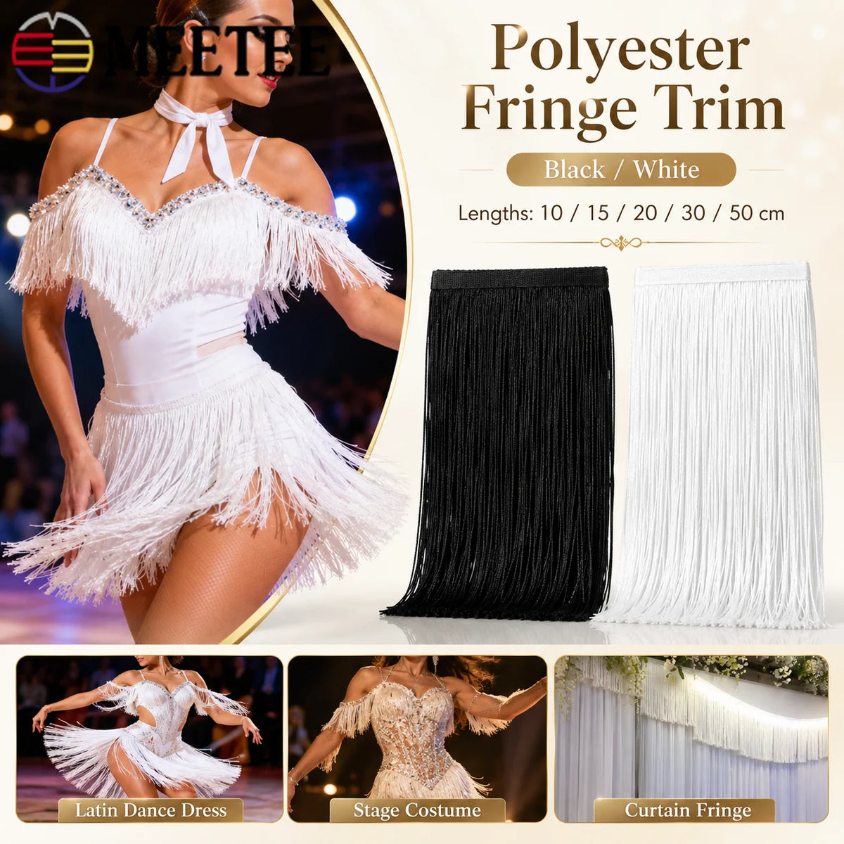 franges polyester tasseaux noir blanc décoratives rideaux vêtements danse rayées 10cm 15cm 20cm 30cm