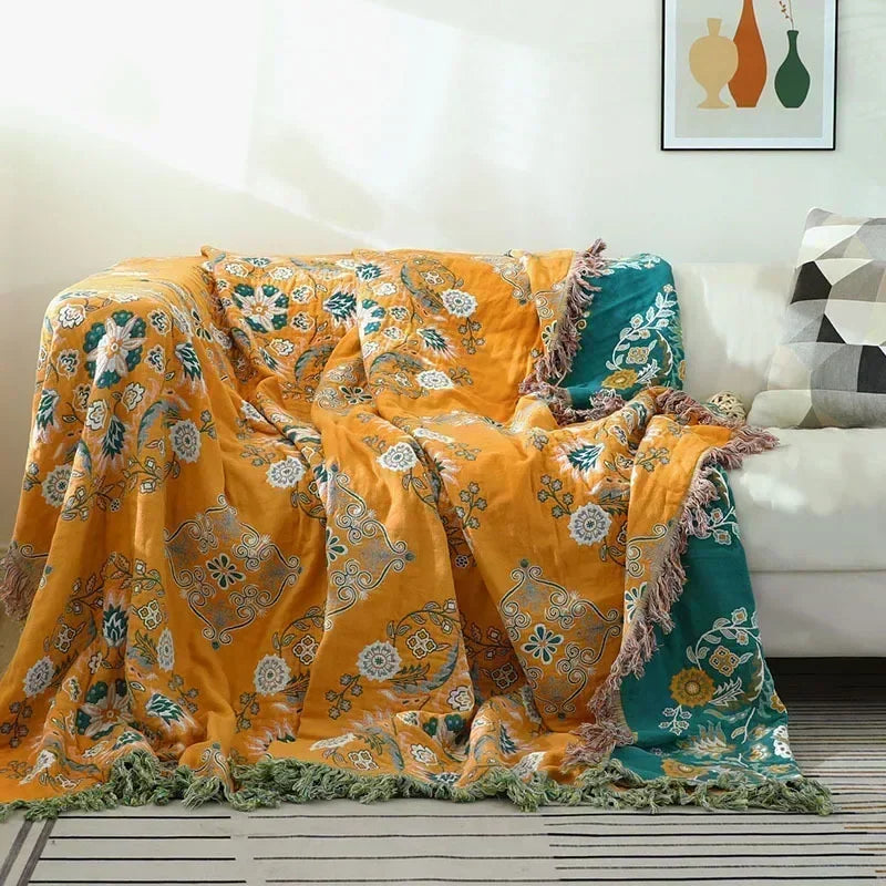 Jeté de canapé en gaze de coton européen avec motif fleurs géométrique et glands