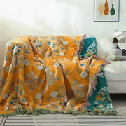 Jeté de canapé en gaze de coton européen avec glands, motif fleurs géométrique, quatre saisons