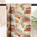 tissu fleuri vintage polyester coton fleurs feuilles chats beiges bleus rouges verts marrons résistance