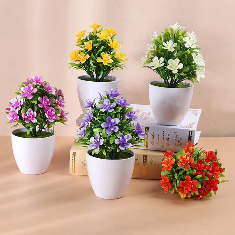 plantes artificielles bonsaï violet jaune blanc rouge fleurs feuilles pot blanc moderneextérieur exposition