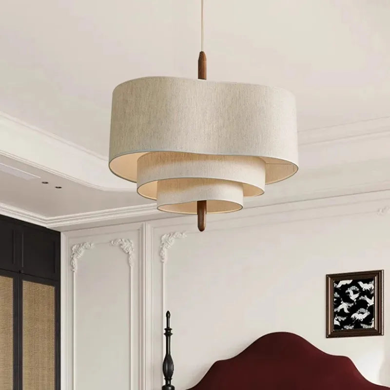lampe suspendue moderne tissu beige clair foncé texture rugueuse salon chambre pince câble suspension