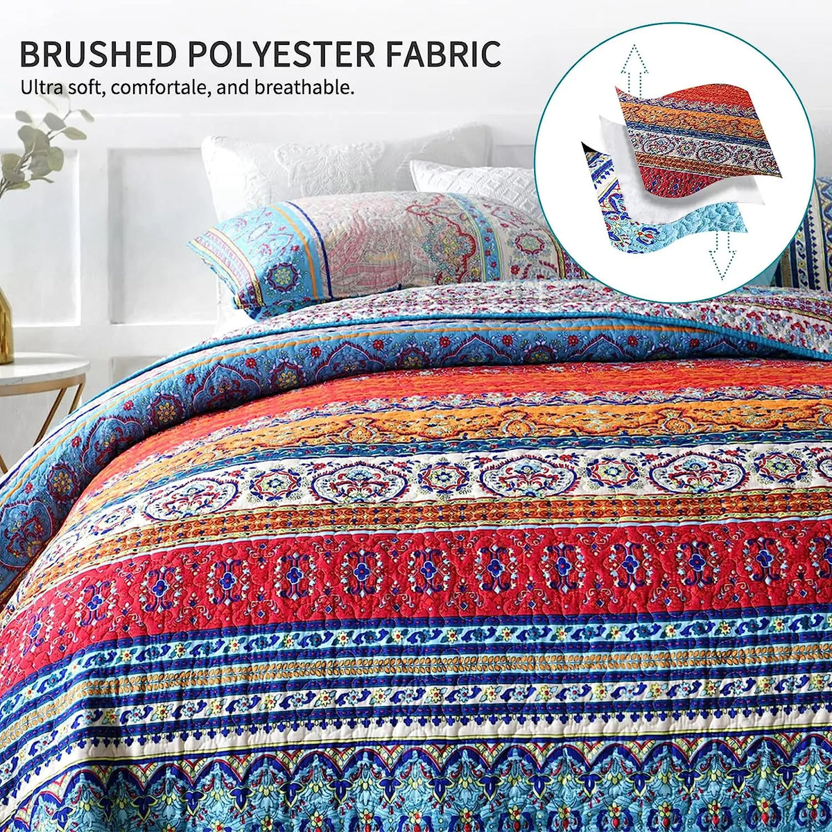 couvre lit boho chic motifs ethniques 100% coton bleu rouge orange beige blancversible
