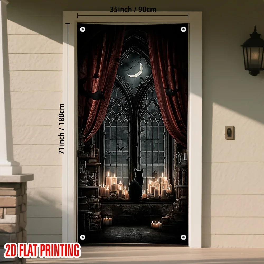 poster mural gothique halloween noir rouge gris clips fenêtres rideaux bougies
