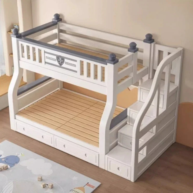 lit superposé enfant blanc gris tapis jouets draps rangement classique multifonction simple moderne chambre