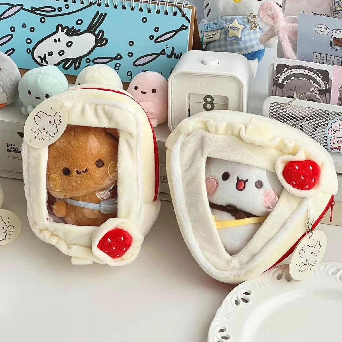 sac poupées gâteau kawaii fenêtre transparente doublure pelucheuse couleurs vives ours pendentif figurines collectionnement