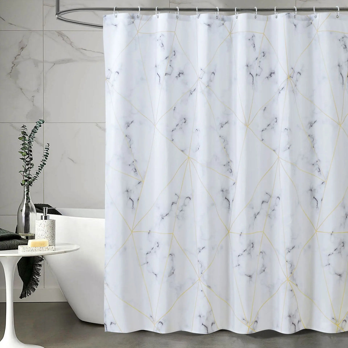 rideau douche moderne marbre blanc gris or géométrique polyester opulent élégant anneaux métalliques