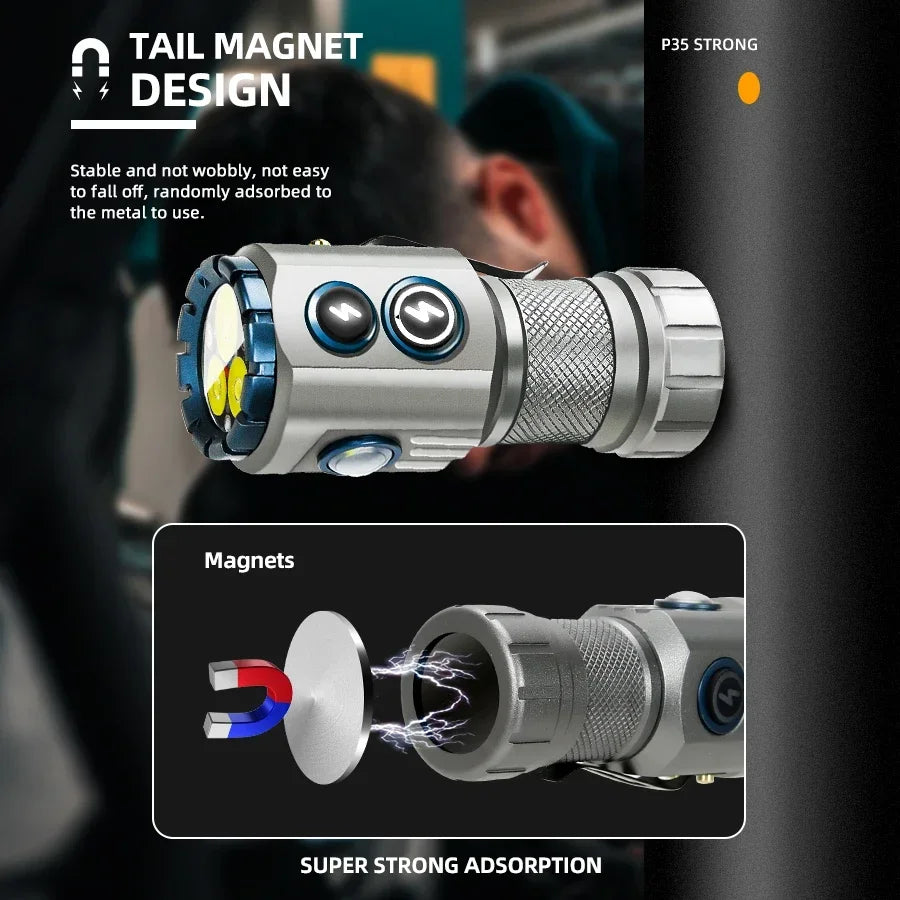 lampe torche rechargeable led rgb argenté noir jaune texturée moderne aimant mode lumière variable