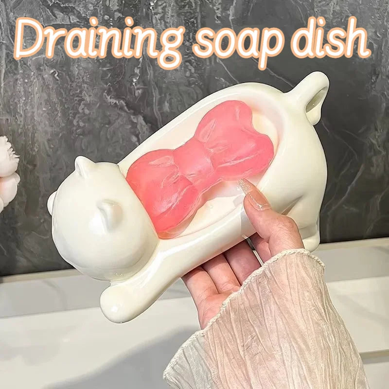 support savon chat blanc moderne tache rose salle bain accessoire bain blanc opacité moderne