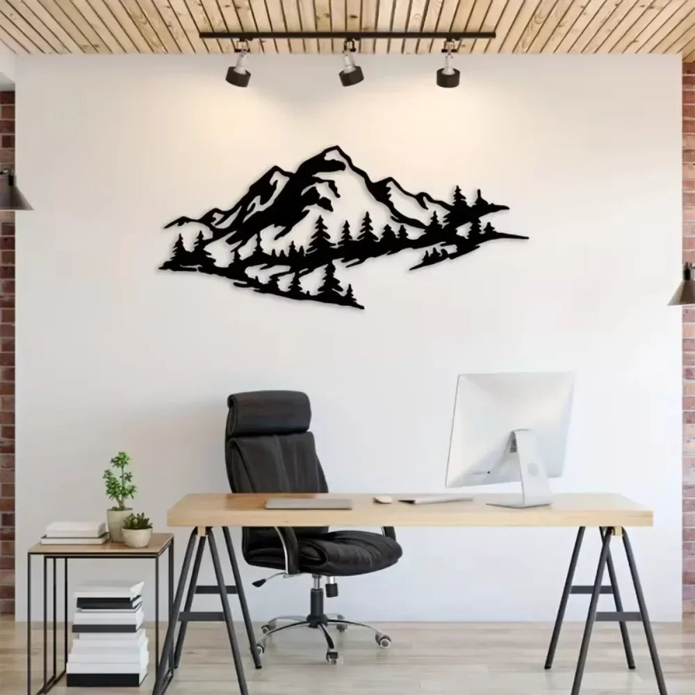 sculpture murale silhouettes montagnes pins noire minimaliste intérieur extérieur durable résistance rouille art décor