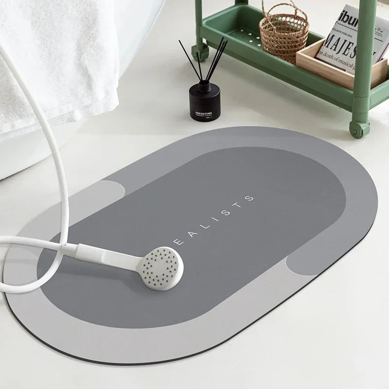 tapis bain absorbant antidérapant moderne motif abstrait ovale gris blanc