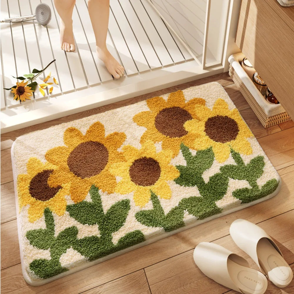 tapis sol fleurs naturel beige blanc vert salle bain intérieur antidérapant durable polyester feutre