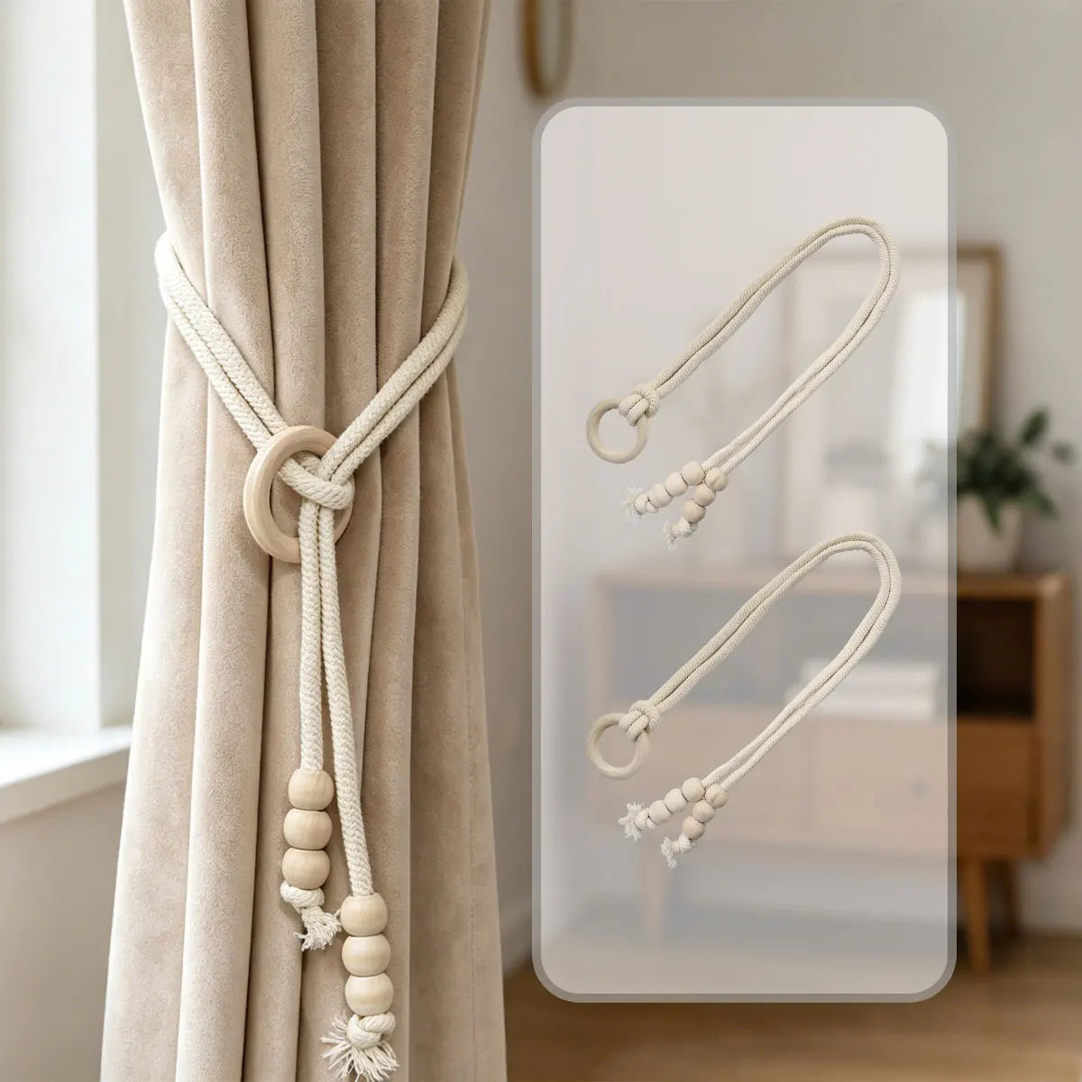 corde rideaux tressée bois anneaux rustique bohème beige clair fixations naturelles