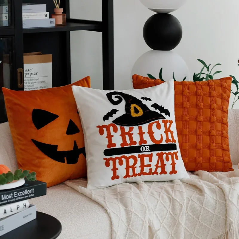 housse coussin carré halloween citrouille trick or treat polyester blanc orange moderne