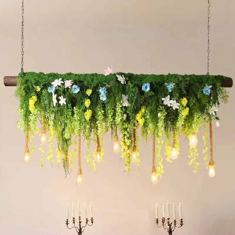 Suspension lumineuse rustique feuilles fleurs vert blanc led pendentif naturel chambre salon