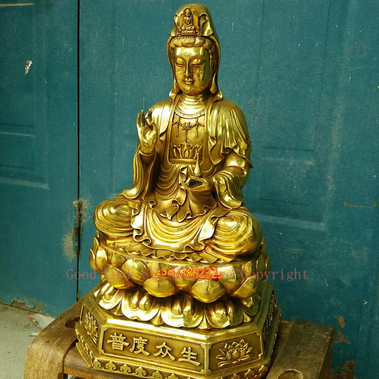 statue bouddhiste dorée or relief floral socle octogonal inscriptions chinoises traditionnelle protection maison