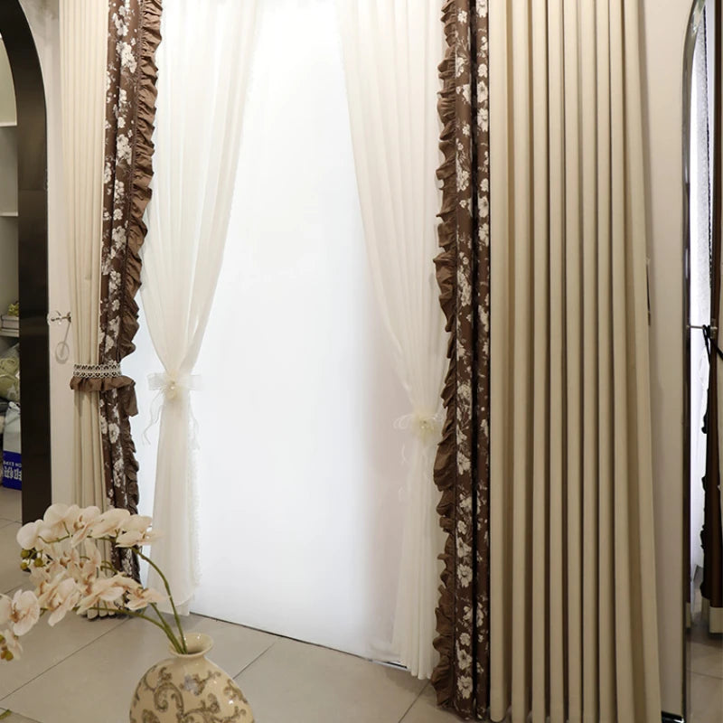 rideau occultant dentelle fleurs marron beige classique romantique salon chambre maison tissu polyester épais