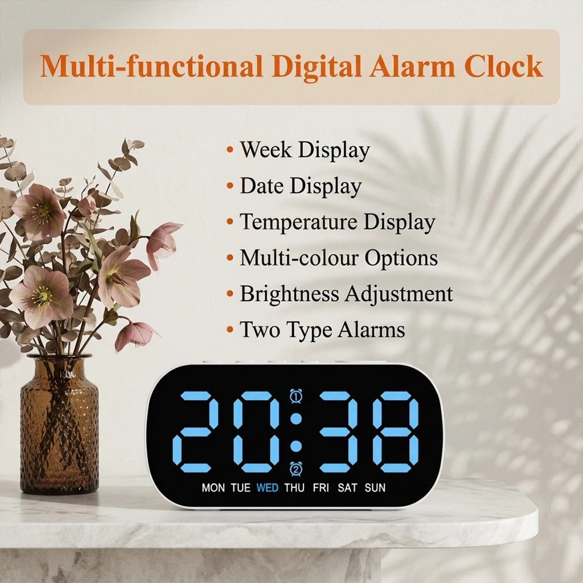 horloge numérique led moderne blanc affichage calendrier alarme