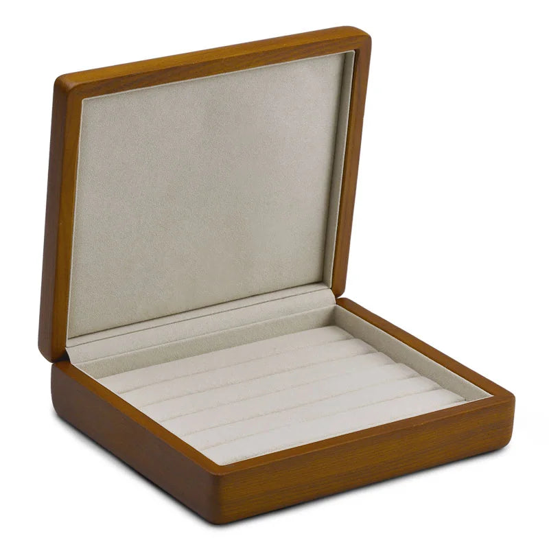 boîte bijoux bois marron clair classique rangement anneaux simili cuir 16x18cm
