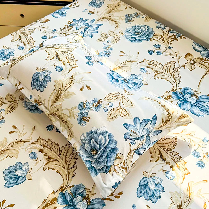 ensemble deux taies d'oreiller bleu fleurs blanches romantique lit double coton polyester