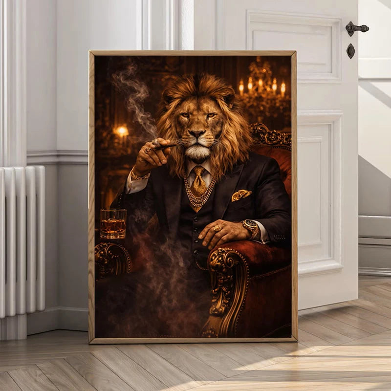Toile d'art classique lion cadre bois salon chambre noir marron beige doré