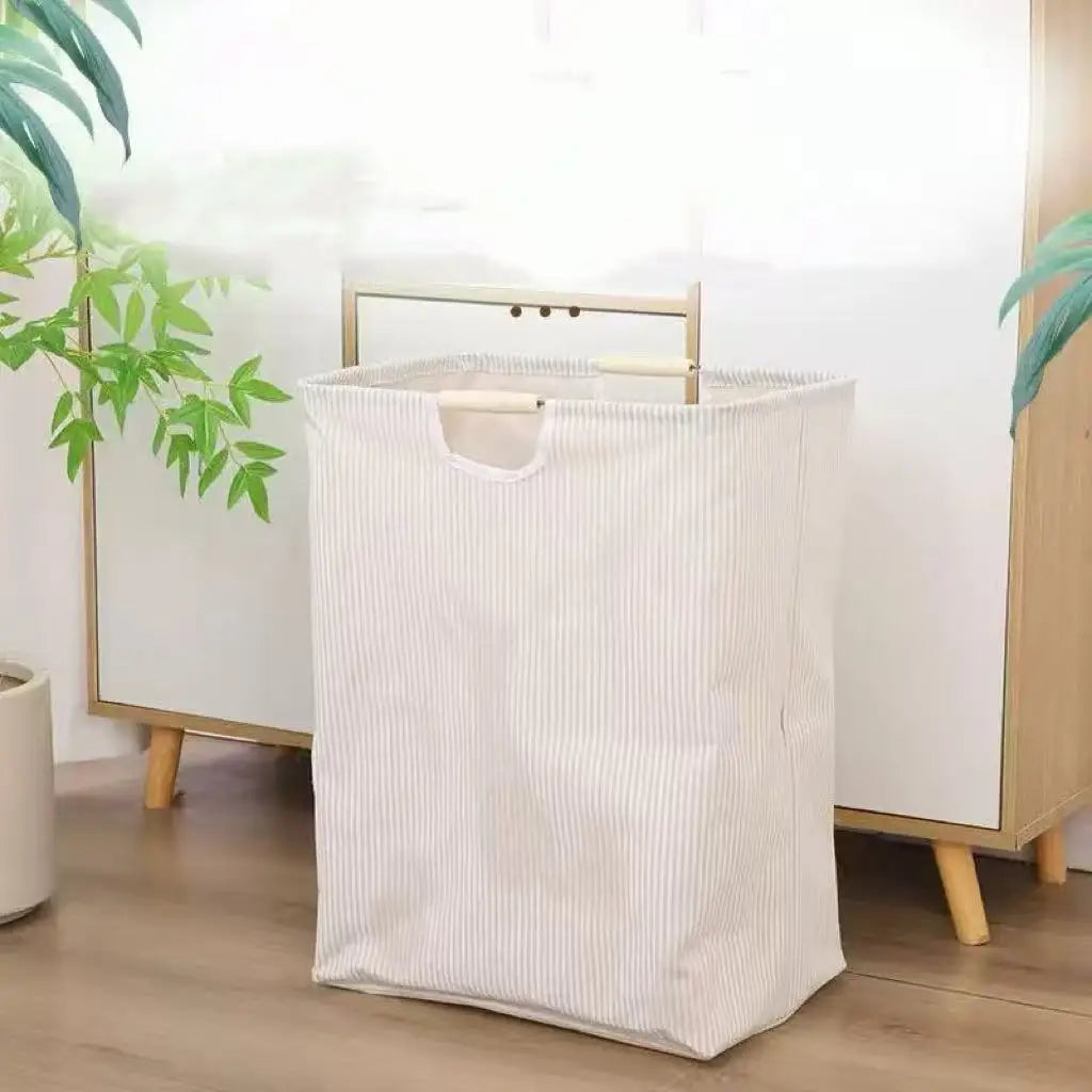 panier linge pliable coton rayures horizontales beige gris moderne opacité poignées plastique