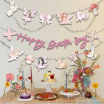 guirlande happy birthday fées lapin papillons arc licorne aquarelle enfantine féerique pastel