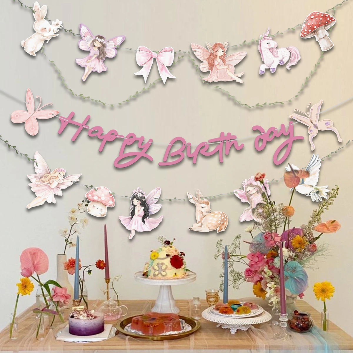 guirlande happy birthday fées lapin papillons arc licorne aquarelle enfantine féerique pastel