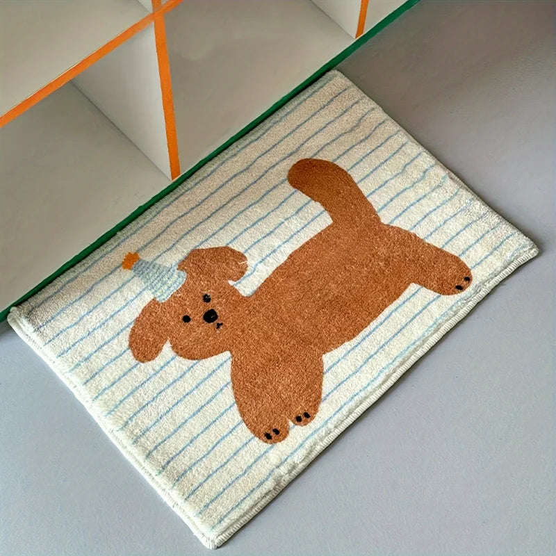 tapis salle bain anti dérapant coton imitation cashmere motifs chiots rayures beige bleu clair