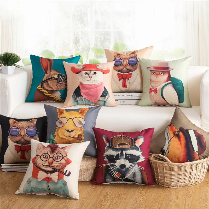 coussin carré animal stylisé vintage zippé coton décor maison lit canapé voiture chaise différentes