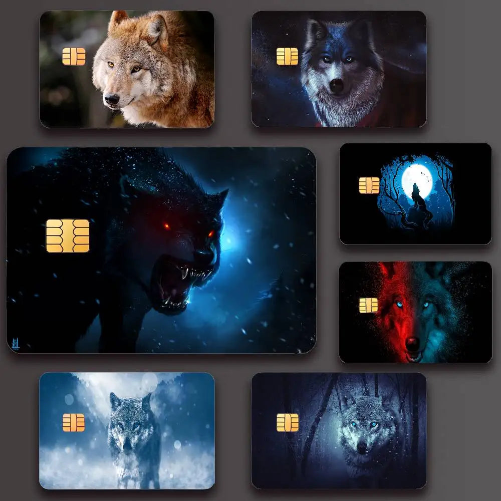 cartes bancaires personnalisées adhésives loup animal moderne graphique noir gris bleu rouge