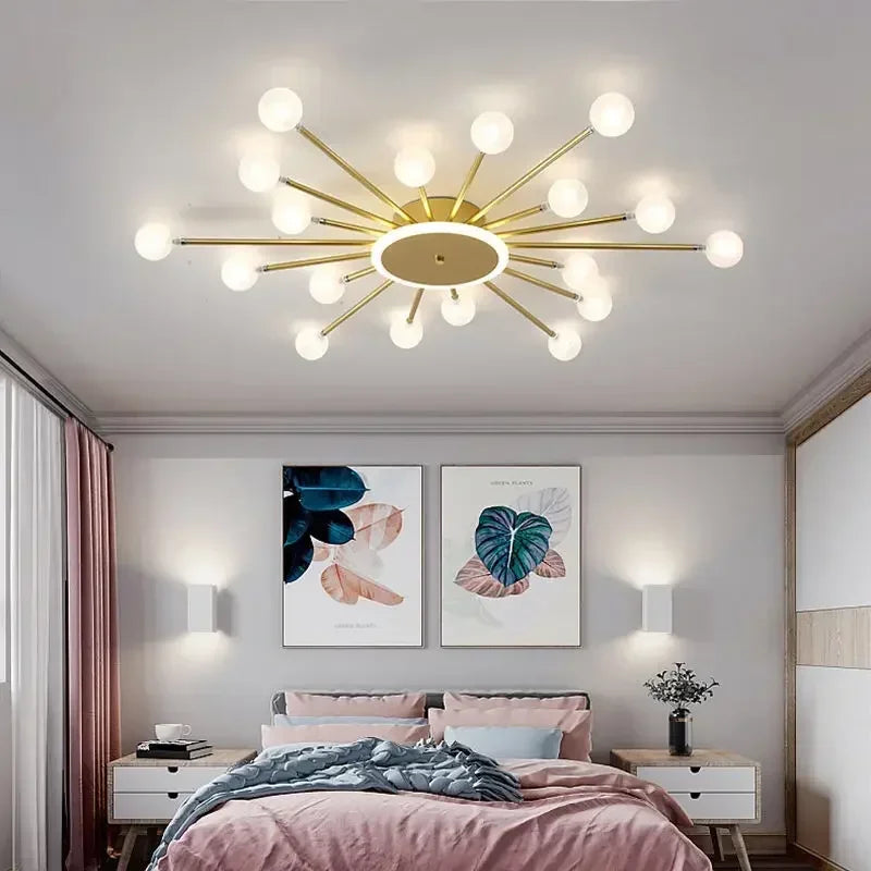 lampe suspension moderne or blanc sphères translucides scandinave structure métallique led éclairage intérieur