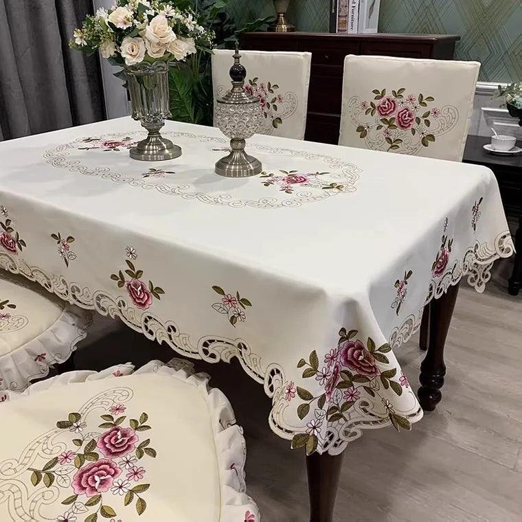 nappe table rectangulaire polyester brodé fleurs classique imperméable réutilisable blanc rose vert beige