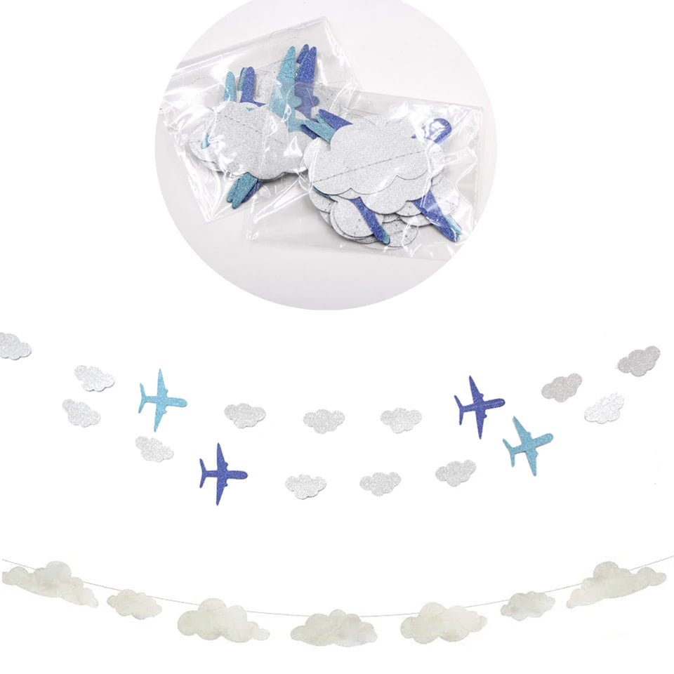 guirlande nuages avions glitter blanc bleu décoration enfant anniversaire fête fil fixations inclusion