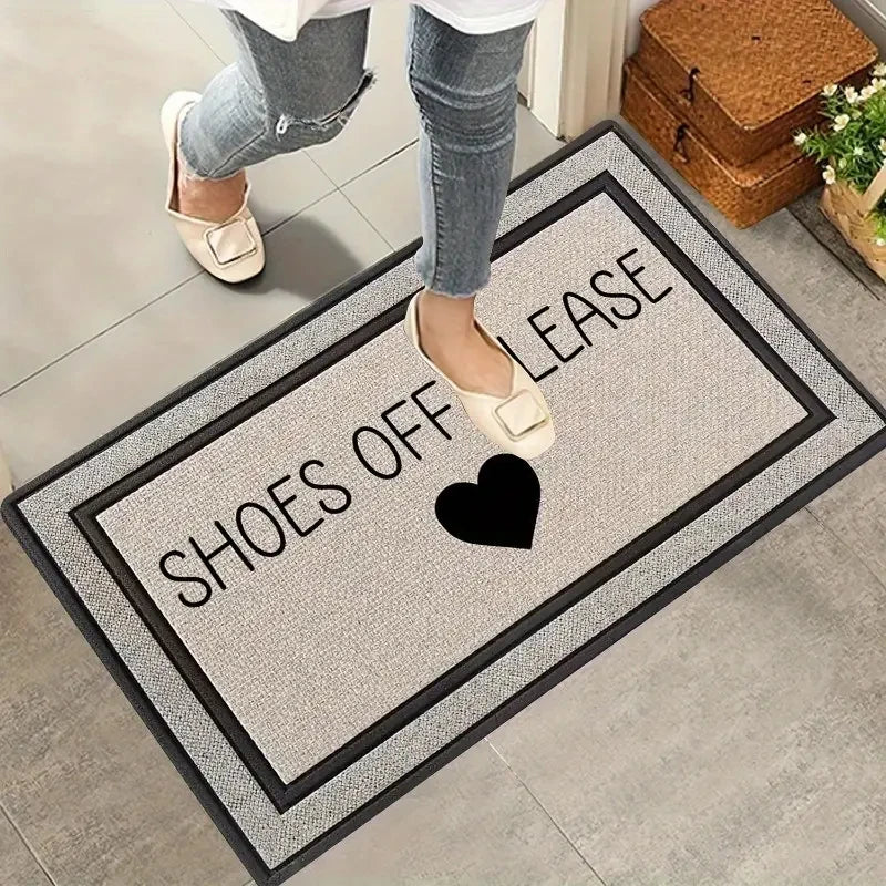 tapis sol antidérapant durable lavable moderne shoes off please cœur noir jute imitation déco