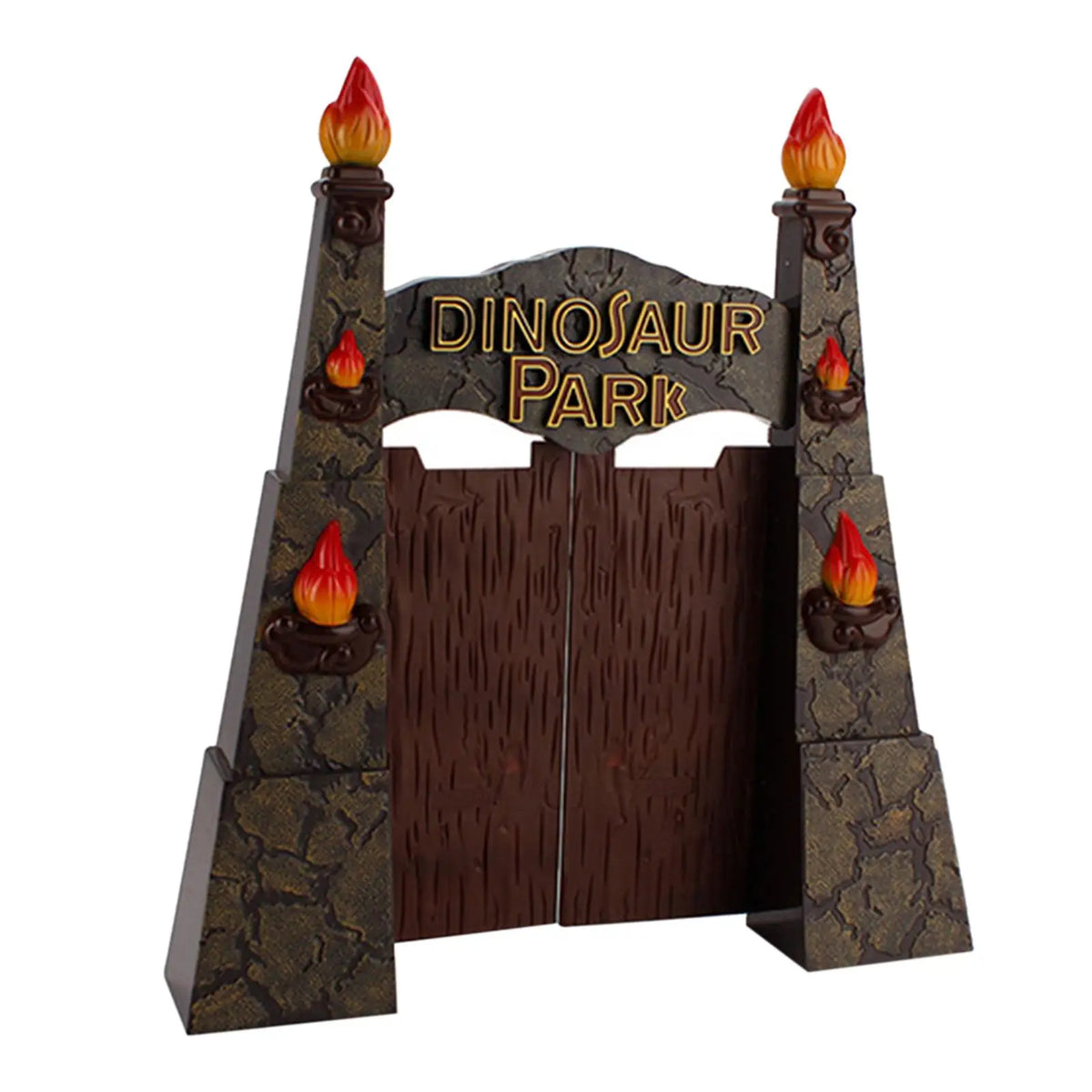 porte décoratif dinosaure jurassic park accessoire jeu enfant marron gris rouge jaune texture bois