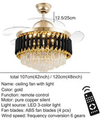 ventilateur moderne doré noir cristal brillant télécommande led élégant transparent fixations