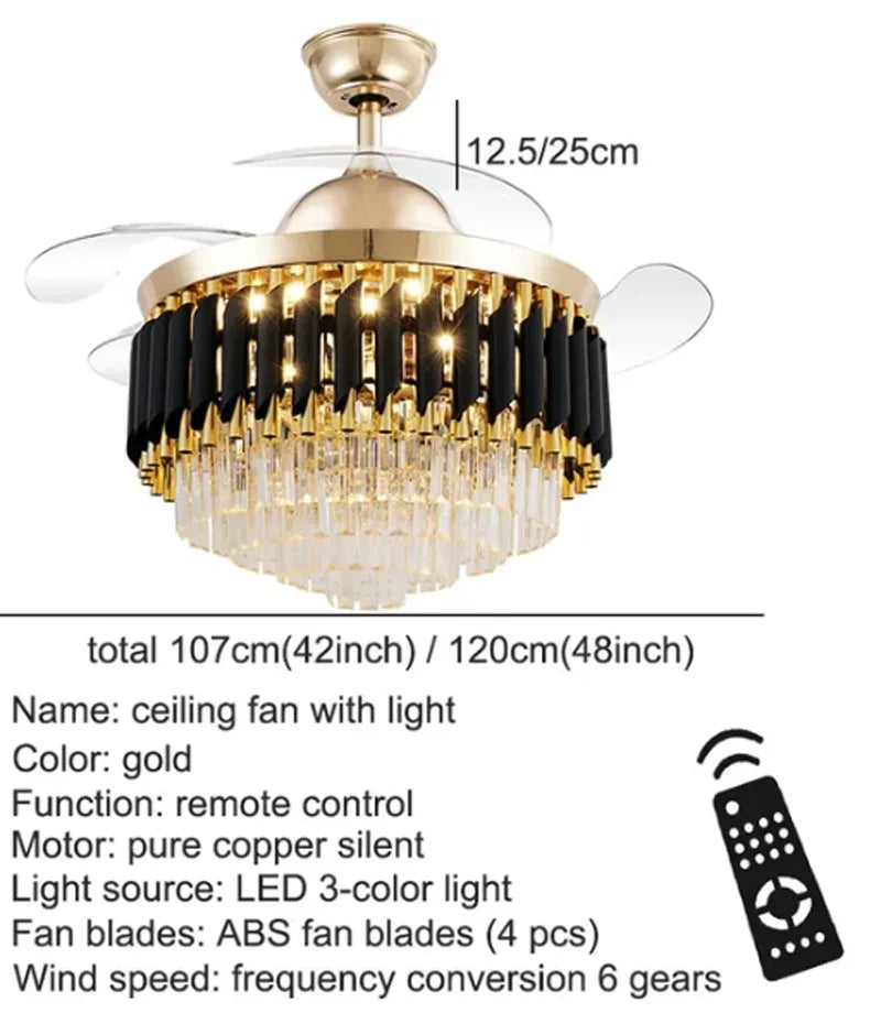 ventilateur moderne doré noir cristal brillant télécommande led élégant transparent fixations