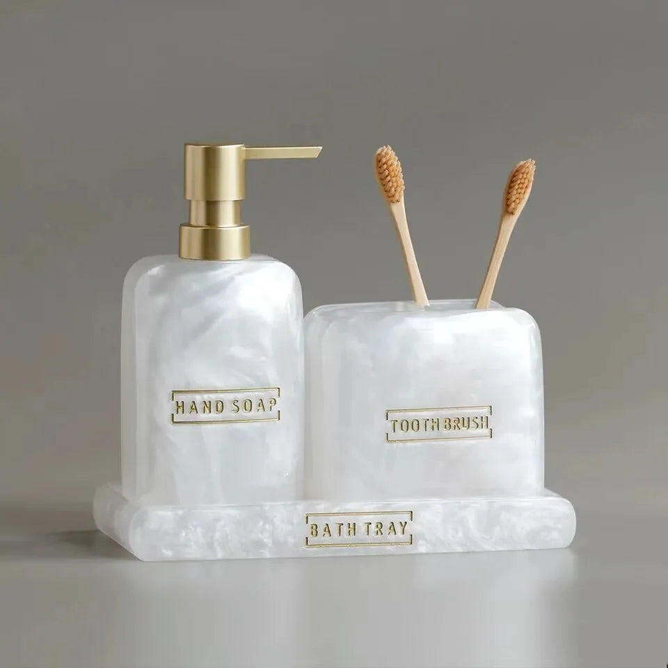 ensemble salle bain blanc or marbre moderne brosse dents savon pompe plateau rangement