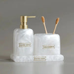 ensemble salle bain blanc or marbre moderne brosse dents savon pompe plateau rangement