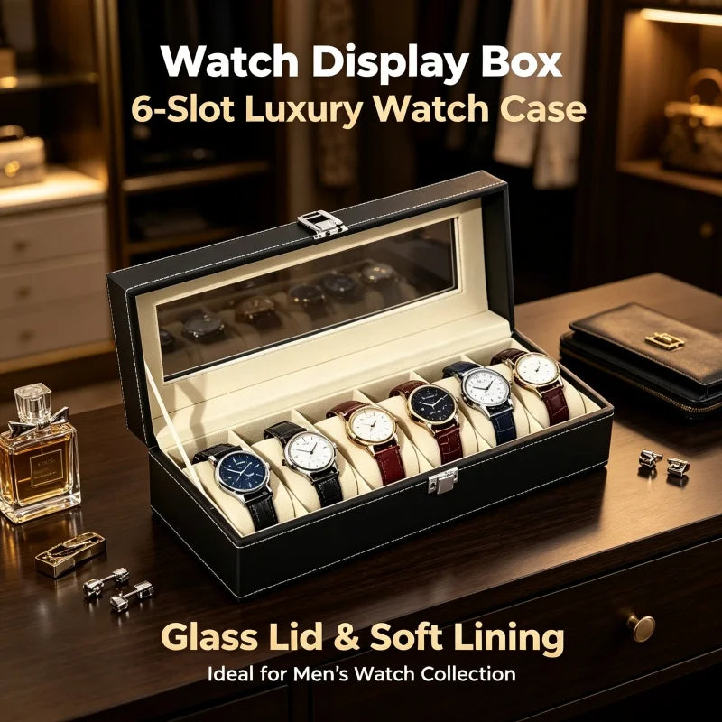 boîte montres simili cuir noir beige verre transparent classique cadenas organisation collection homme