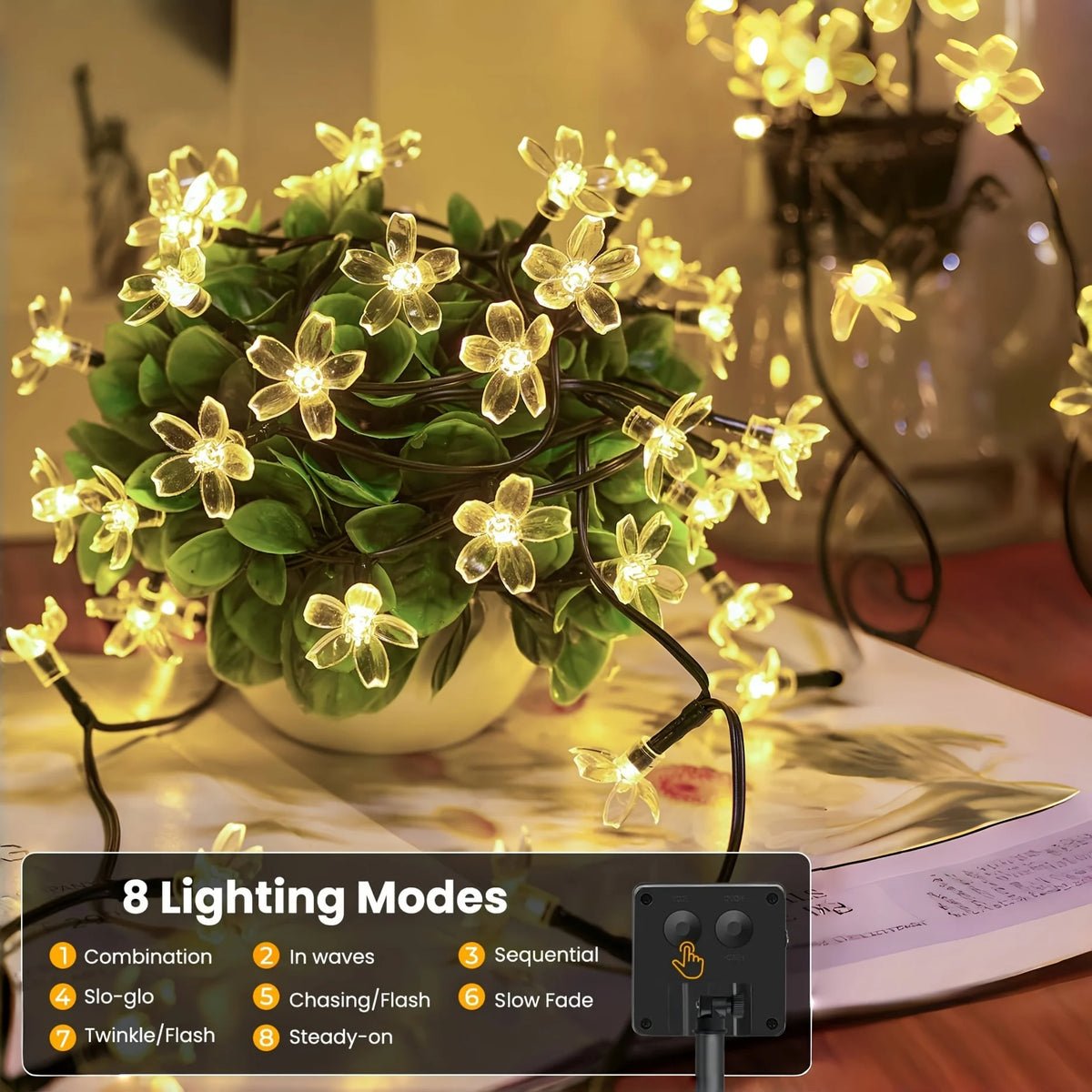 guirlande lumineuse solaire fleurs blanc doré 5m 20leds 7m 50leds moderne