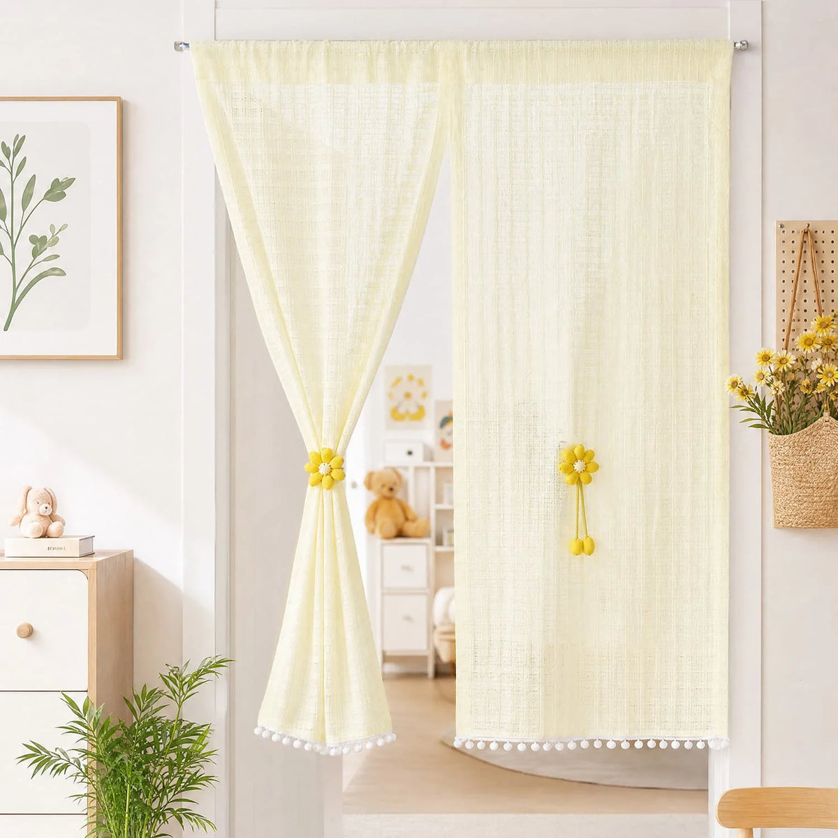 rideau moderne polyester coton motif géométrique fleur marguerite beige clair fixations décoration intérieure chambre