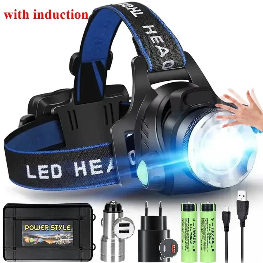 lampe frontale led rechargeable 15w modes nuit pêche course tissu bleu noir adjustable