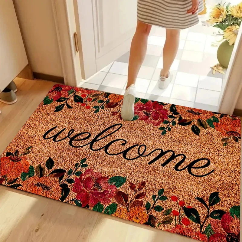tapis d'entrée moderne fleurs colorées welcome résistant rides antidérapant marron rouge vert