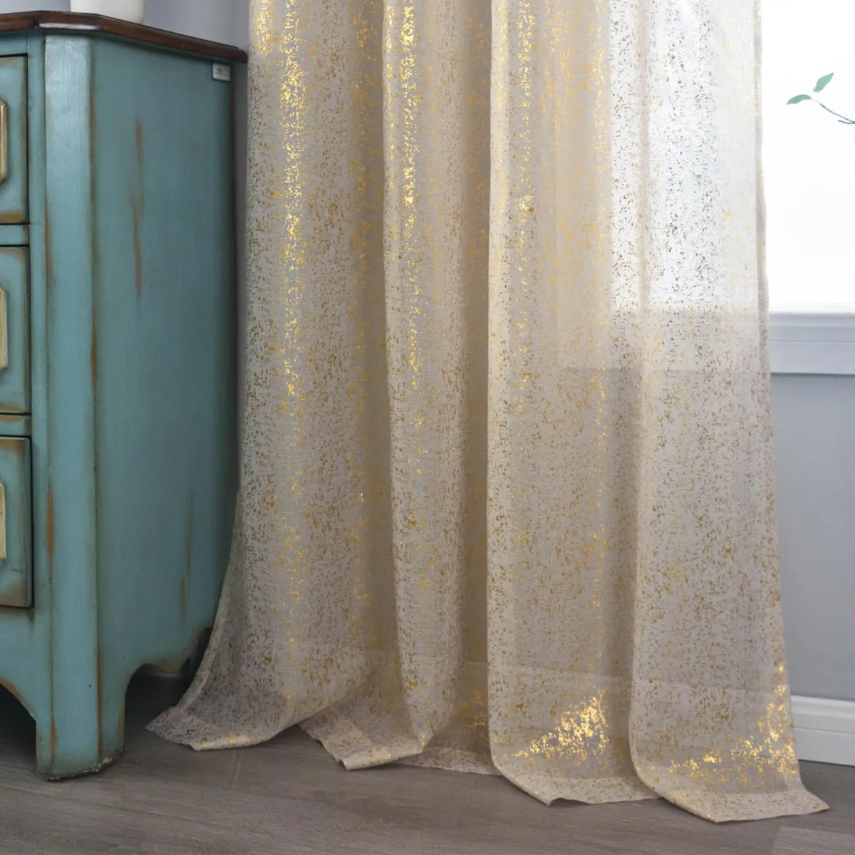 rideau semi transparent moderne paillettes dorées annaux métalliques salon maison polyester 100%