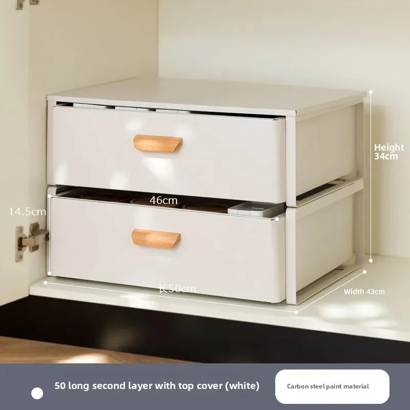 meuble tiroirs cuisine gris blanc poignées bois rangement sous évier