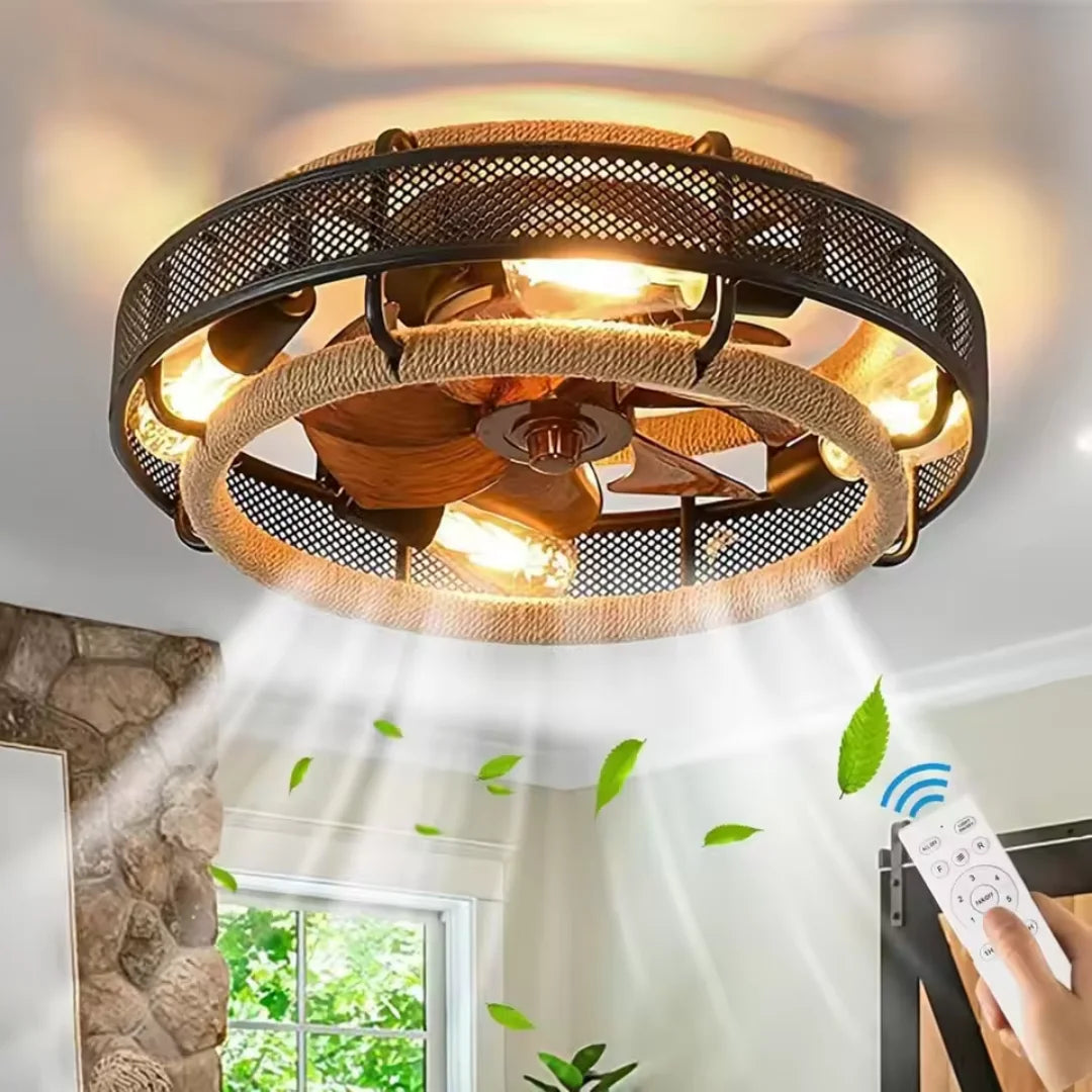 ventilateur moderne industriel led télécommande pales bois lumiere orangée