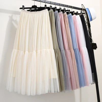 jupe midi plissée tulle transparente féminine élégante décontractée multiple niveaux printemps été