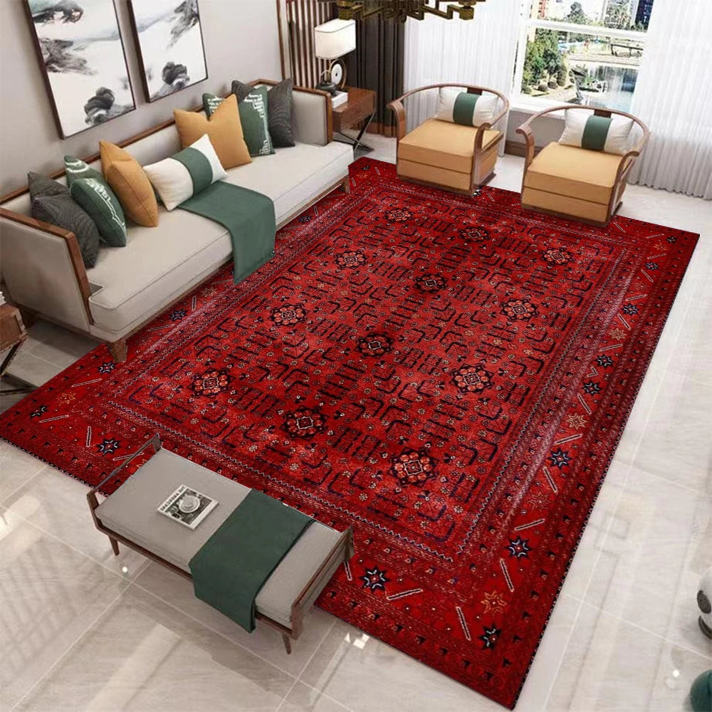 tapis rouge orientalisé motif géométrique classique ethnique salon chambre intérieur décoration maison moderne